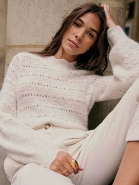 Sezane Lya Jumper Cream Wool Pointelle Knit Mockneck Balloon Sleeve Sweater Sz S